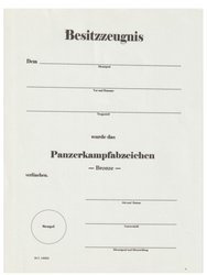 Besitzzeugnis Panzerkampfabzeichen Bronze - repro, unfilled