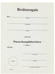 Besitzzeugnis Panzerkampfabzeichen Silber - repro, unfilled
