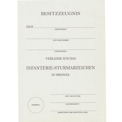 Besitzzeugnis das Infanterie-Sturmabzeichen in Bronze - repro, unfilled