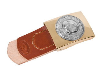 Prussian brass belt buckle with brown leather tab