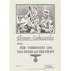 Ehren Urkunde für Verdienste um das Pferd an der Front - repro, unfilled