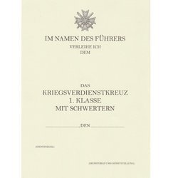 Besitzzeugnis Das Kriegsverdienstkreuz 1. Klasse mit schwertern - repro, unfilled