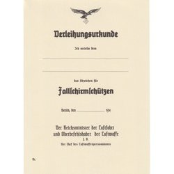 Urkunde zum Abzeichen für Fallschirmschützen - repro, unfilled