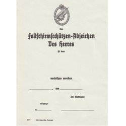 Verleihungsurkunde für Fallschirm-Schützen - repro, unfilled