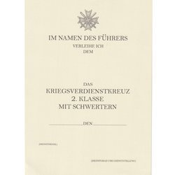 Besitzzeugnis Das Kriegsverdienstkreuz 2. Klasse mit schwertern - repro, unfilled
