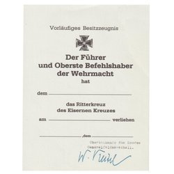 Besitzzeugnis Ritterkreuz - repro, unfilled