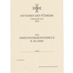 Besitzzeugnis Das Kriegsverdienstkreuz 2. Klasse - repro, unfilled