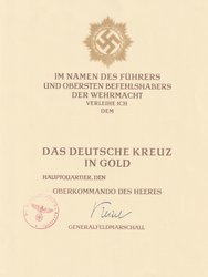Besitzzeugnis Deutche Kreuz in Gold- repro,A4 unfilled
