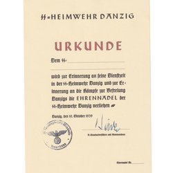 SS Heimwehr Danzig Urkunde - repro, unfilled