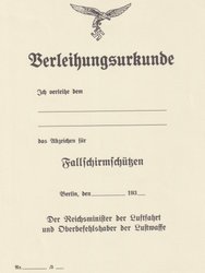Urkunde zum Abzeichen für Fallschirmschützen - repro, unfilled