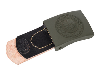 WH steel belt buckle with black leather tab