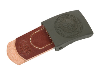 WH steel belt buckle with brown leather tab