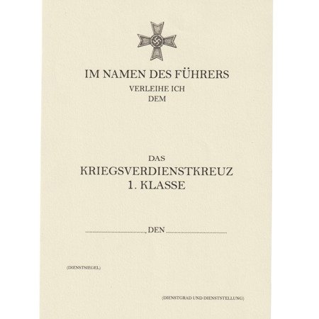Besitzzeugnis Das Kriegsverdienstkreuz 1. Klasse - repro, unfilled
