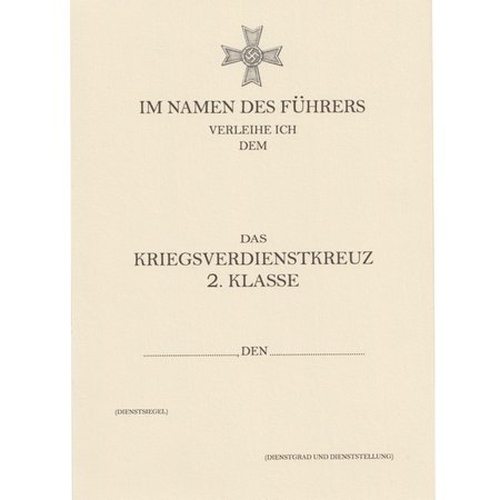 Besitzzeugnis Das Kriegsverdienstkreuz 2. Klasse - repro, unfilled