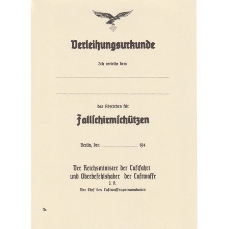 Urkunde zum Abzeichen für Fallschirmschützen - repro, unfilled