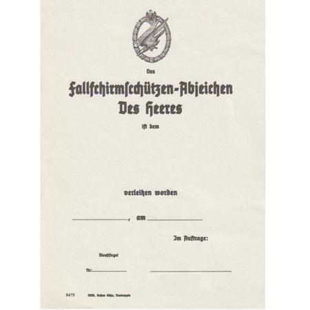 Verleihungsurkunde für Fallschirm-Schützen - repro, unfilled