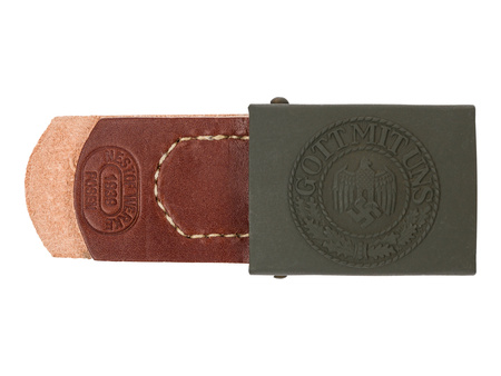 WH steel belt buckle with brown leather tab
