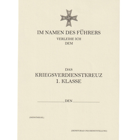 Besitzzeugnis Das Kriegsverdienstkreuz 1 Klasse - repro, unfilled