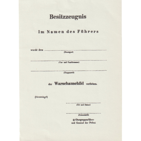 Besitzzeugnis Warschauschild - repro, unfilled