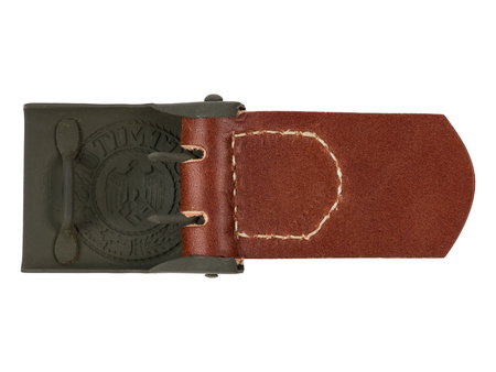 WH steel belt buckle with brown leather tab