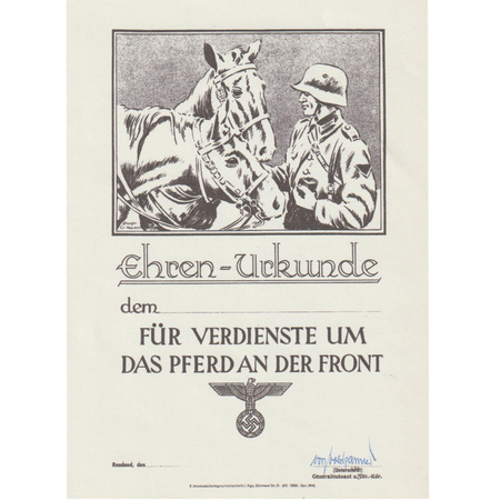 Ehren Urkunde für Verdienste um das Pferd an der Front - replika