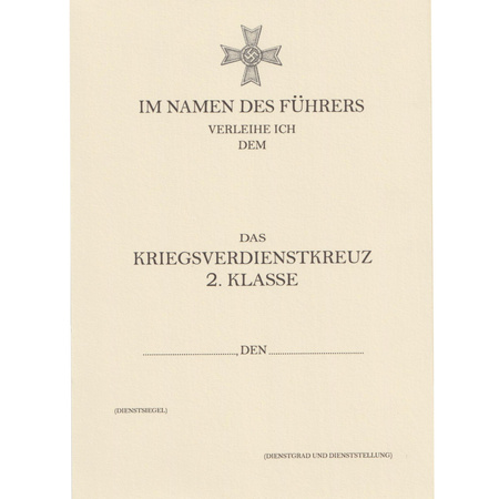 Besitzzeugnis Das Kriegsverdienstkreuz 2 Klasse - repro, unfilled