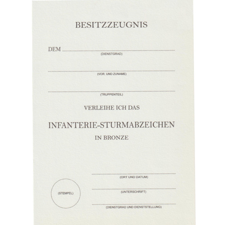 Besitzzeugnis das Infanterie-Sturmabzeichen in Bronze - repro, unfilled