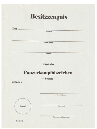 Besitzzeugnis Panzerkampfabzeichen Bronze - repro, unfilled