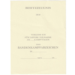 Besitzzeugnis das Bandenkampfabzeichen - repro, unfilled