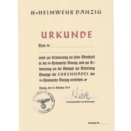 SS Heimwehr Danzig Urkunde - replika