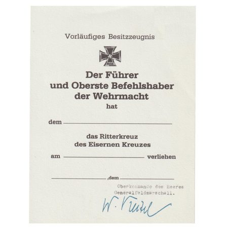 Besitzzeugnis Ritterkreuz - repro, unfilled