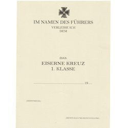 Besitzzeugnis Eiserne Kreuz 1. Klasse - replika