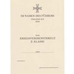 Besitzzeugnis Das Kriegsverdienstkreuz 2 Klasse - replika