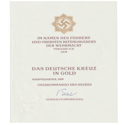 Besitzzeugnis Deutche Kreuz in Gold, A4 - replika