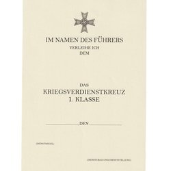  Besitzzeugnis Das Kriegsverdienstkreuz 1. Klasse, replika