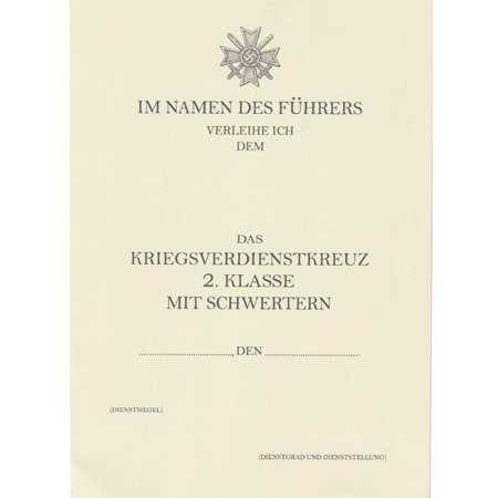  Besitzzeugnis Das Kriegsverdienstkreuz 2. Klasse mit schwertern, replika