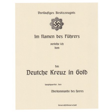  Besitzzeugnis Deutche Kreuz in Gold, replika