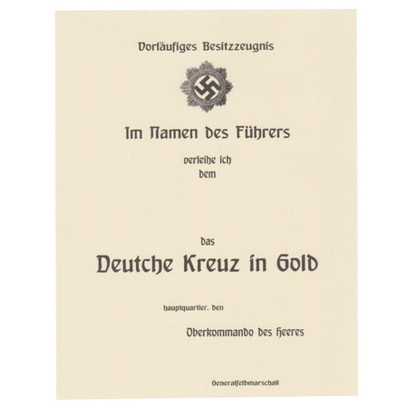 Besitzzeugnis Deutche Kreuz in Gold - replika