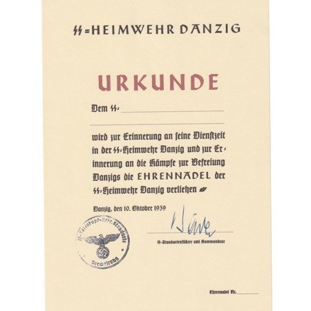 SS Heimwehr Danzig Urkunde, replika